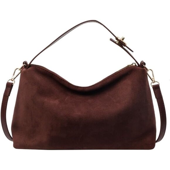 Handbags - Charming Brown Suede Women’s Purse - Roomy Vintage Tote with Adjustable Strap